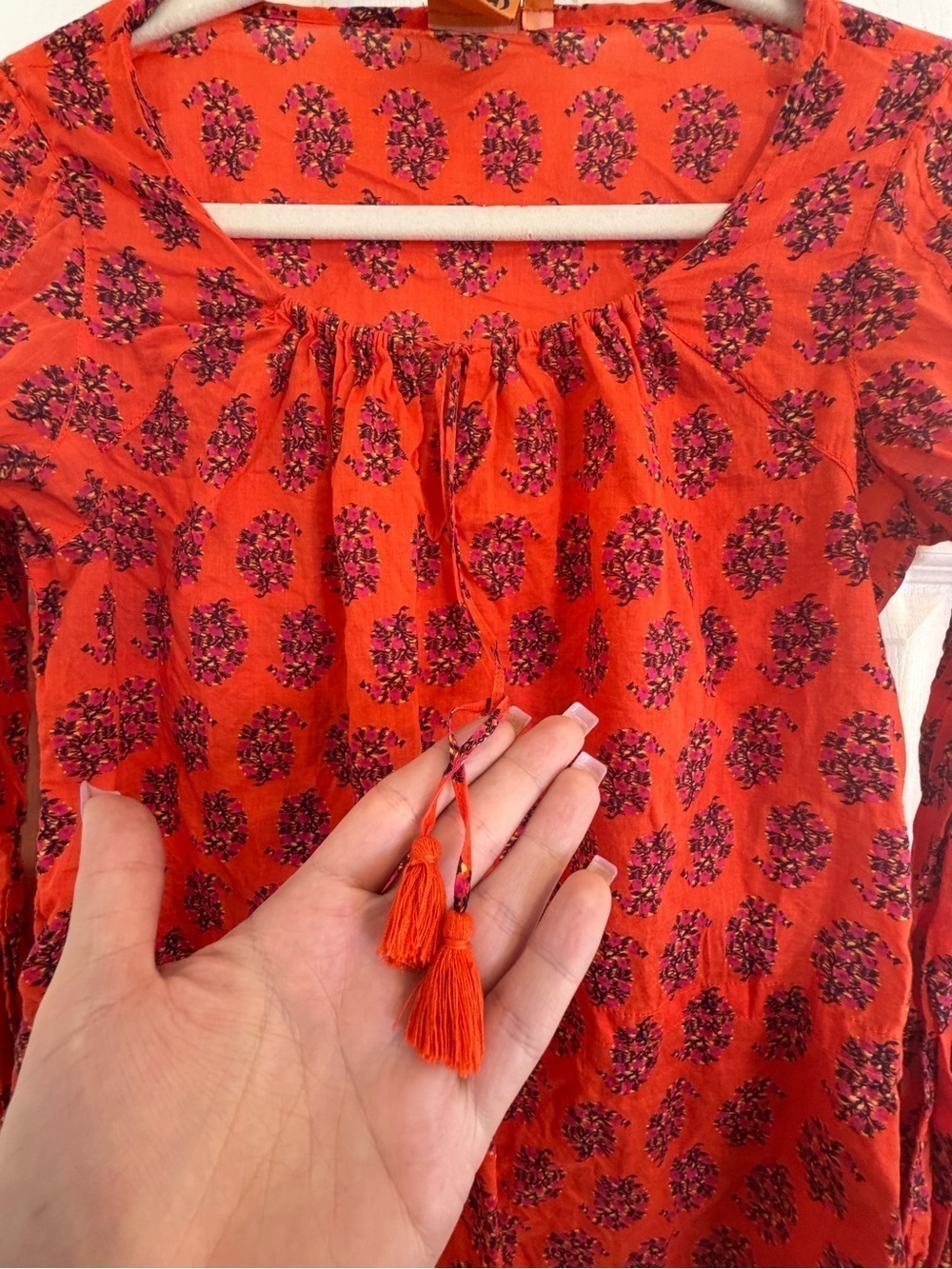 Tory Burch Evelina Floral Peasant Blouse Orange Pink Tassel Tie Cotton Size 6 - Picture 5 of 9